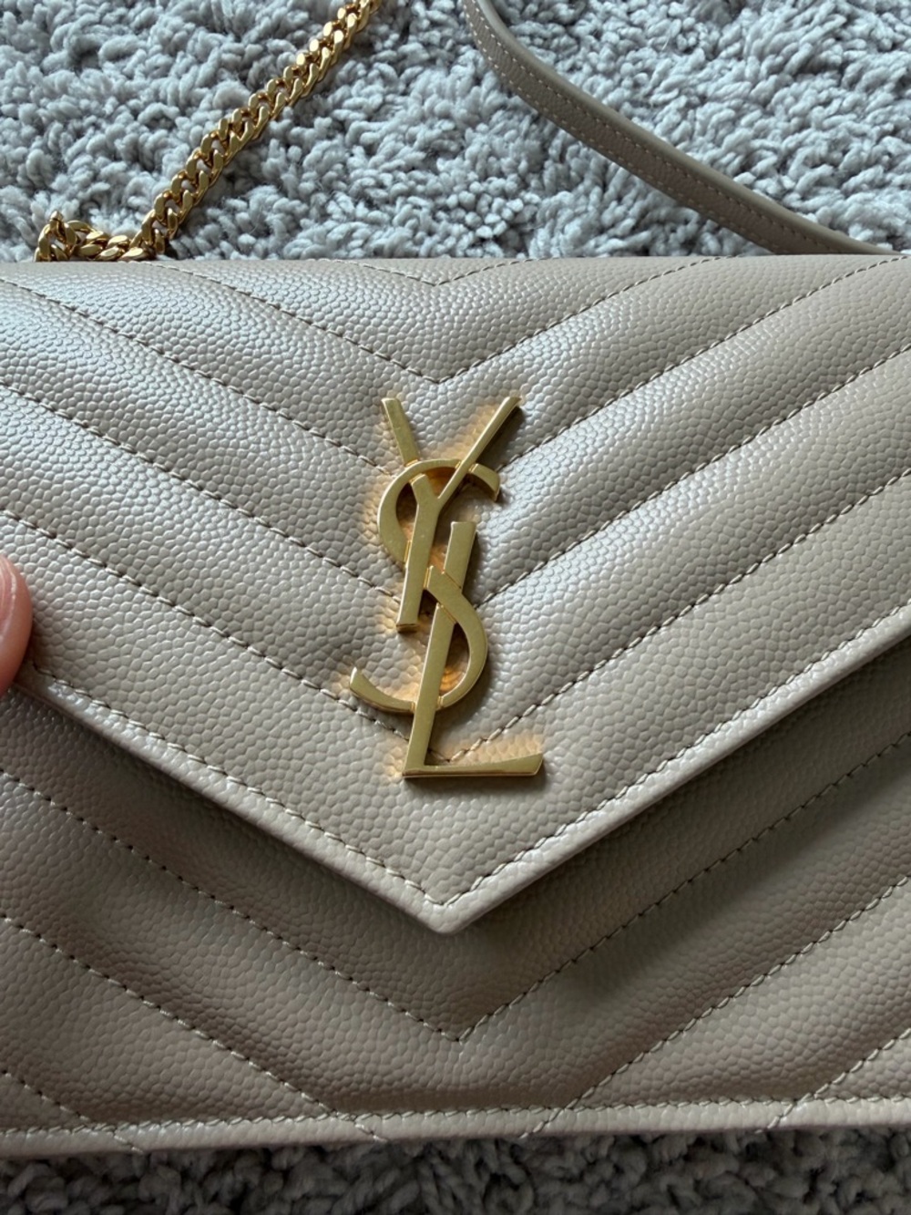 Saint Laurent Beige Quilted Leather Crossbody with Gold YSL Chain - Picture 7 of 12